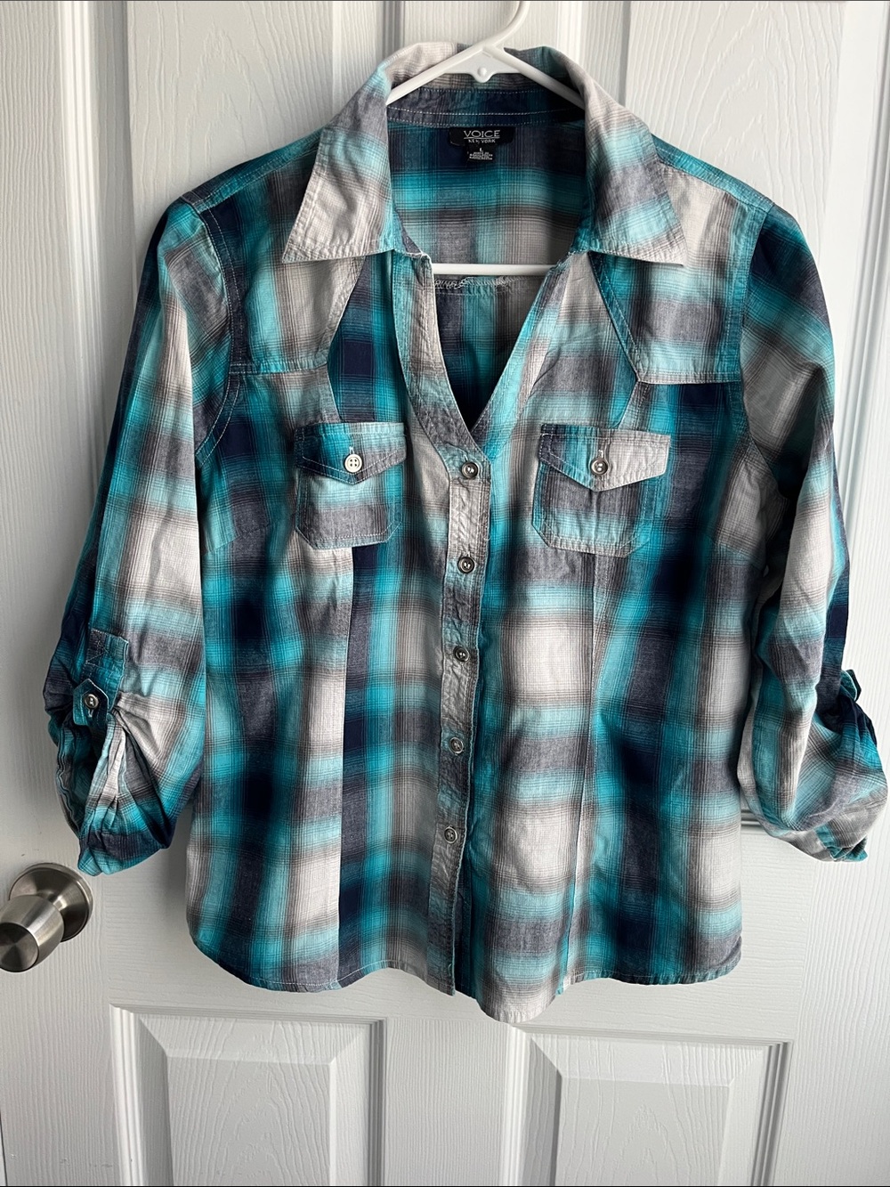 Cowgirl Western Style Shirt Turquoise Plaid